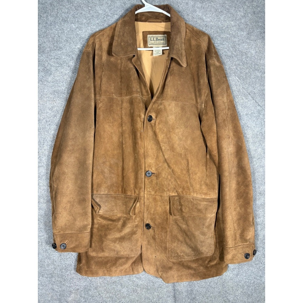 LL Bean Mens XL Tall Leather Suede Field Jacket Brown Button Chore Coat OBLM5